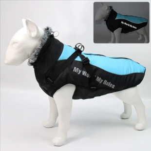 Светоотражающая зимняя толстая куртка для собак My World - My Rules, Black/Blue, 46 см, 59 см, 50 см, 2XL