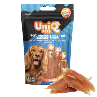 Лакомство для собак UniQ PETS Мягкая куриная грудка на сыромятных палочках, курица, 250 г