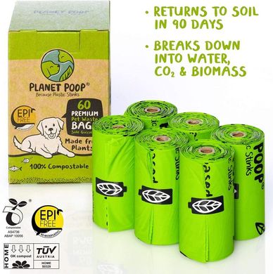 Биоразлагаемые пакеты Planet Poop для собак без ручек и без запаха, 6 рулонов по 10 пакетов