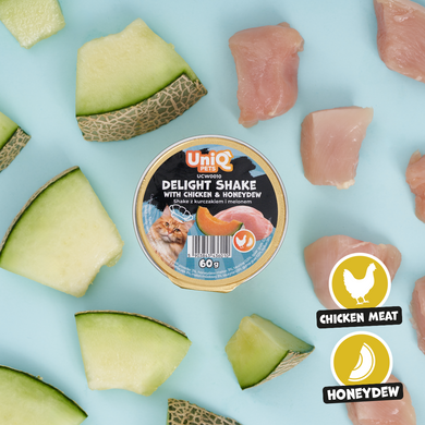 Кремовый влажный корм для кошек UNIQ PETS CAT WET FOOD DELIGHT SHAKE с курицей и медовой дыней, 60 г