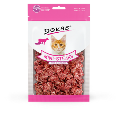 Ласощі для котів Dokas - Міні-стейки з яловичини, тріски і курячої печінки, тріска, яловичина, 40 г, Упаковка виробника