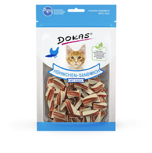 Лакомство для котов Dokas - Куриные сэндвичи с треской, курица, треска, 70 г, Упаковка производителя