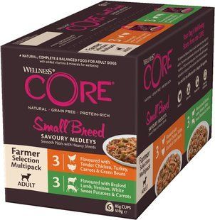 Вологий корм для дорослих собак дрібних порід Wellness Core Small Breed Savory Medleys Farmer Selection Multipack, 6 x 85 г, 6х85 г