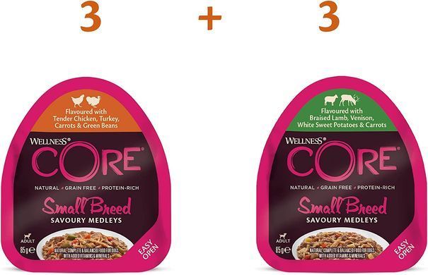 Вологий корм для дорослих собак дрібних порід Wellness Core Small Breed Savory Medleys Farmer Selection Multipack, 6 x 85 г, 6х85 г