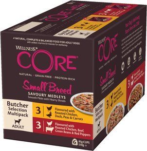 Вологий корм для дорослих собак дрібних порід Wellness Core Small Breed Savory Medleys Butcher Selection Multipack, 6 x 85 г, 6х85 г