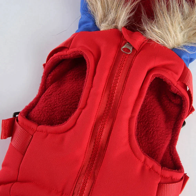 Зимний жилет для собак с капюшоном и мехом Derby Red/Blue, 24 см, 34 см, 24 см, S