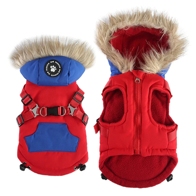 Зимний жилет для собак с капюшоном и мехом Derby Red/Blue, 24 см, 34 см, 24 см, S