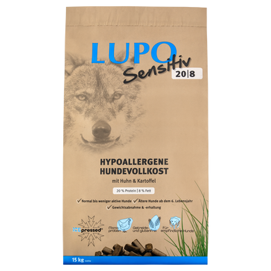 Гіпоалергенний беззерновий корм для менш активних собак Lupo Sensitiv 20/8, 15 кг