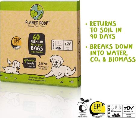 Біорозкладні пакети Planet Poop з ручками для середніх порід собак, без запаху, 60 шт.