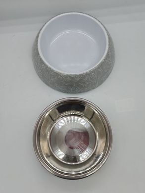 Меламиновая миска с чашей из нержавеющей стали Derby AH005 Grey Leaves, S, 150 мл, 10.5x14x4 см