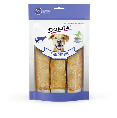 Лакомство для собак Dokas - Жевательная говяжья кожа с куриной грудкой, говядина, курица, 210 г
