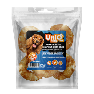 Лакомство для собак UniQ PETS Курица на кольцах из сыромятной кожи 10см 500 г, 500 г