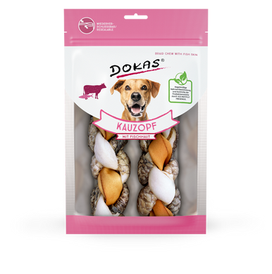Ласощі для собак Dokas - Жувальна косичка зі шкіри корови і риби, риба, яловичина, 120 г