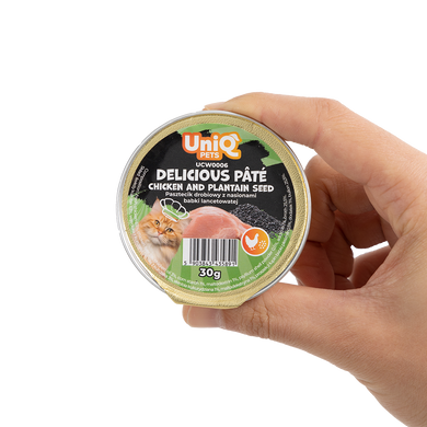 Вкусный паштет UNIQ PETS CAT WET FOOD DELICIOUS с курицей и семенами подорожника, 30 г