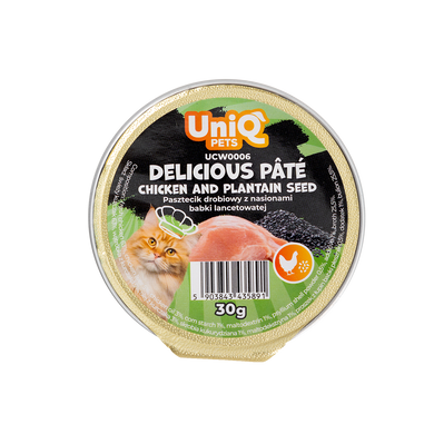 Вкусный паштет UNIQ PETS CAT WET FOOD DELICIOUS с курицей и семенами подорожника, 30 г