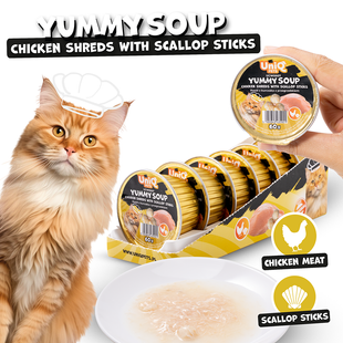 Суп для котів UNIQ PETS CAT WET FOOD YUMMY SOUP з курячими шматочками та паличками з гребінців, 60 г