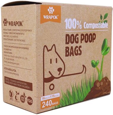 100% біорозкладні пакети WRAPOK для собачих фекалій, 1 рулон - 15 пакетов