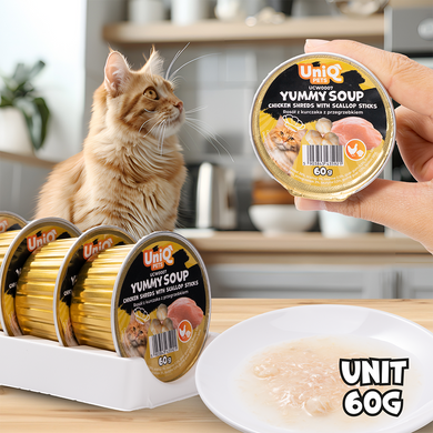 Суп для кошек UNIQ PETS CAT WET FOOD YUMMY SOUP с куриными кусочками и палочками из гребешков, 60 г