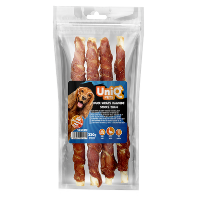 Ласощі для собак UniQ PETS Качка на палиці з сиром'ятної шкіри 28см, 320 г