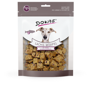 Лакомство для собак Dokas - Кубики лосося с чечевицей и красной капустой, лосось, 150 г, Упаковка производителя