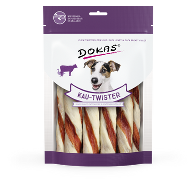 Ласощі для собак Dokas - Трубочки із яловичої шкіри з качкою, качка, яловичина, 200 г, Упаковка виробника